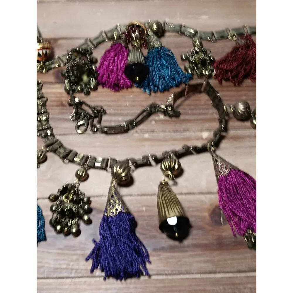 Belt Asian Inspired Brass Dangle Bobble Charms & Tassels Hari Krishna Style 34" - Picture 4 of 9
